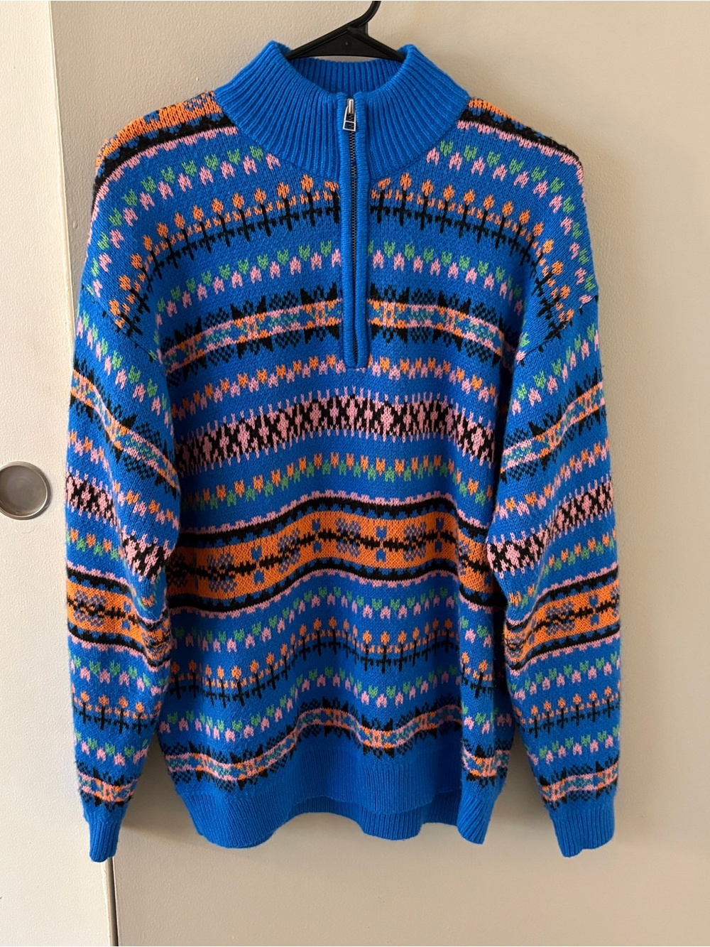 Zara Blue Half-Zip Jacquard Sweater Size Women’s Large
